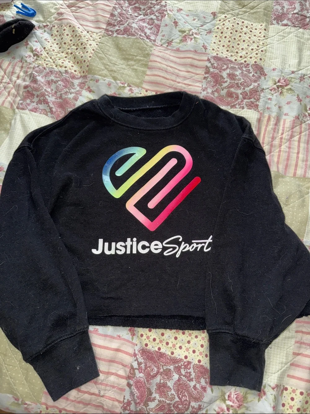 Justice Black Sweatshirt with Rainbow Heart Logo